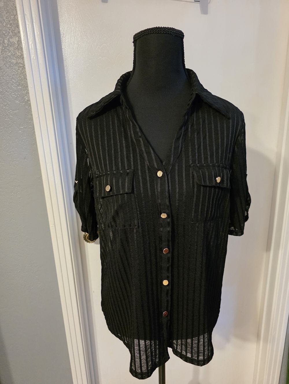 Ember Black Semi-Sheer Button Front Shirt Size L